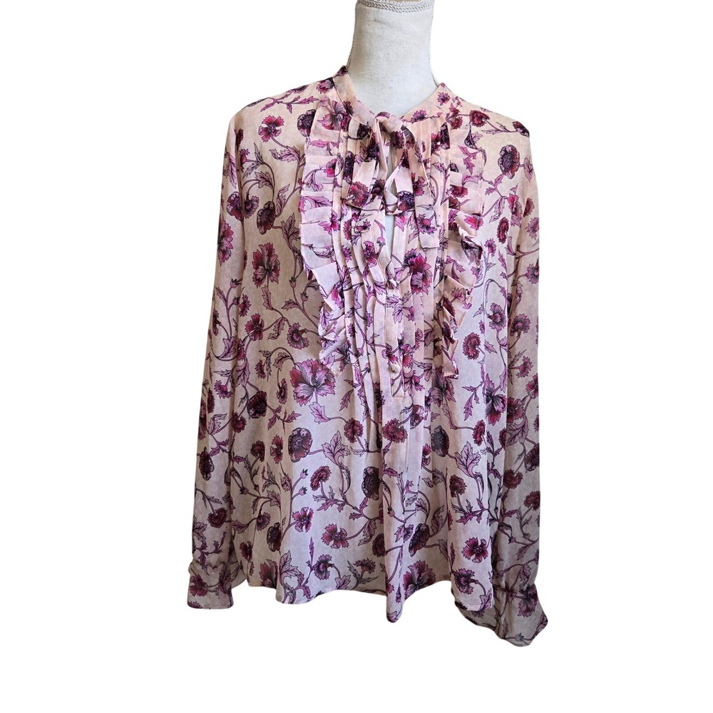 For Love & Lemons Sz M Floral Ruffle Tie Neck Blouse‎ Pink Purple Long Sleeve